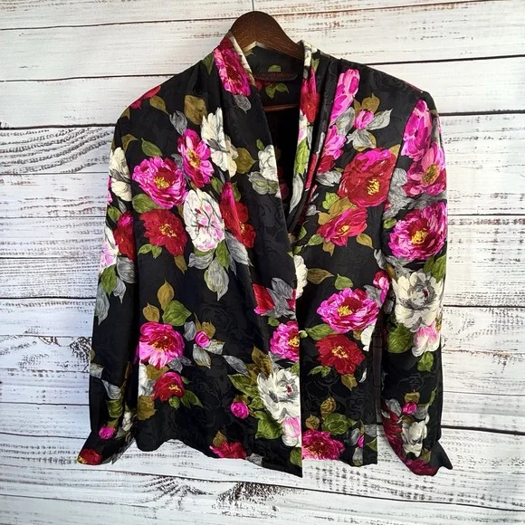 Vintage 100% Silk Wrap Top S Long Sleeve Black Bright Floral Whimsical Statement - Picture 9 of 11
